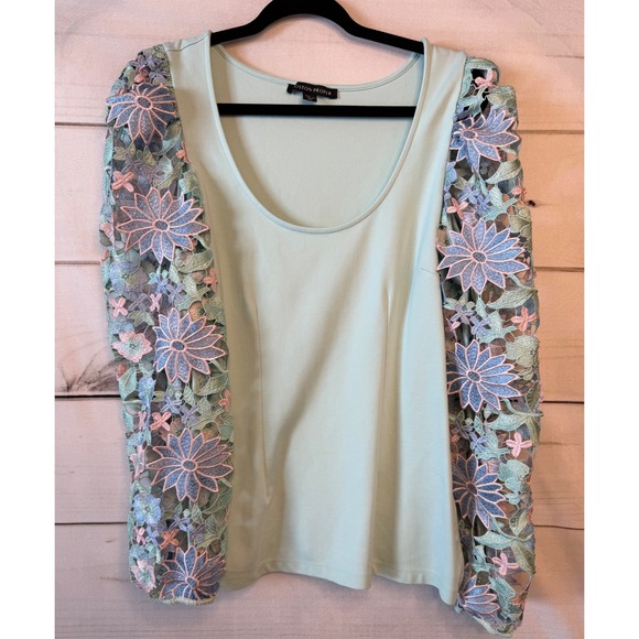 Boston Proper Tops - Boston Proper Mint Green Floral Guipure Lace Long Sleeve Scoop Neck Top Size M